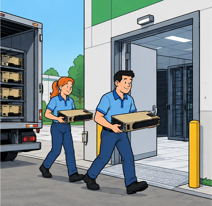 Workers carrying the chips through a doorway into a different company's data center.