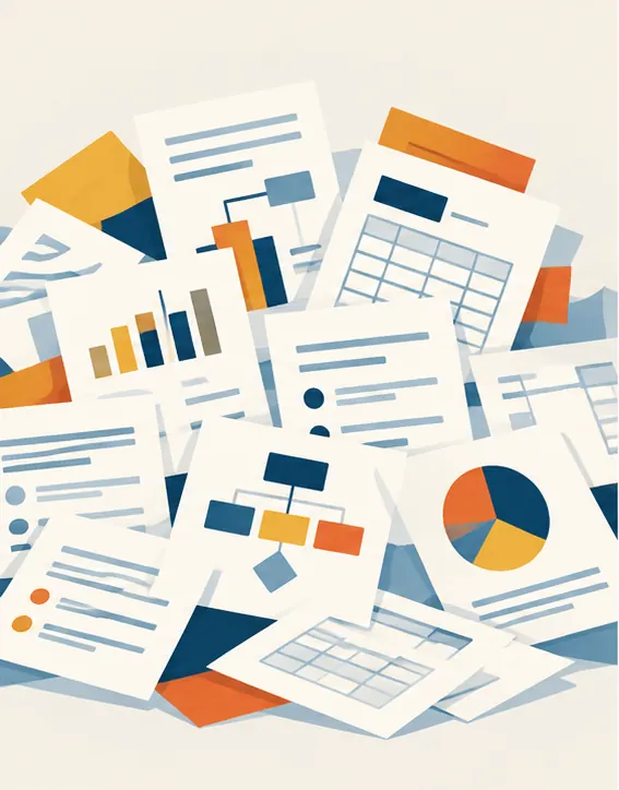 A messy pile of document pages with tables, forms, charts and diagrams.