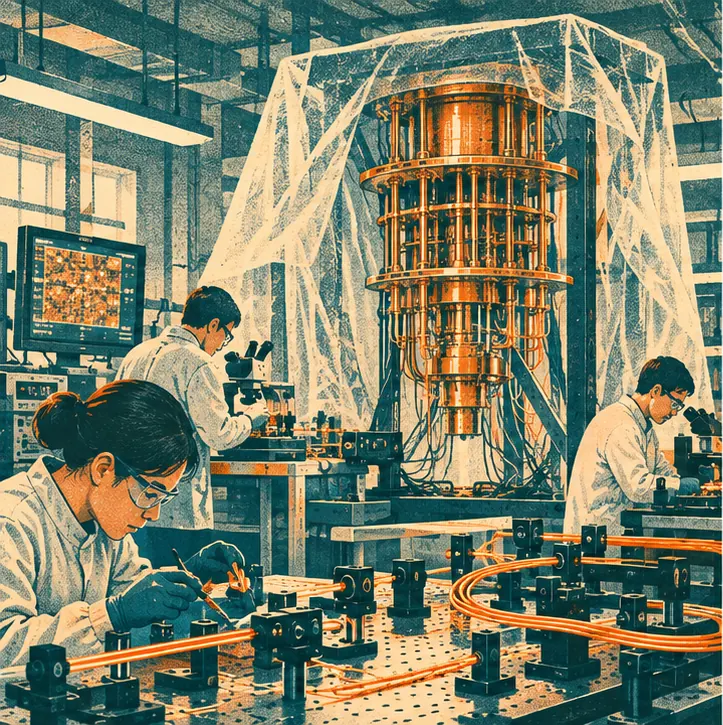 In a photonics lab, an unfinished quantum computer stands under a cover while engineers work on chips.