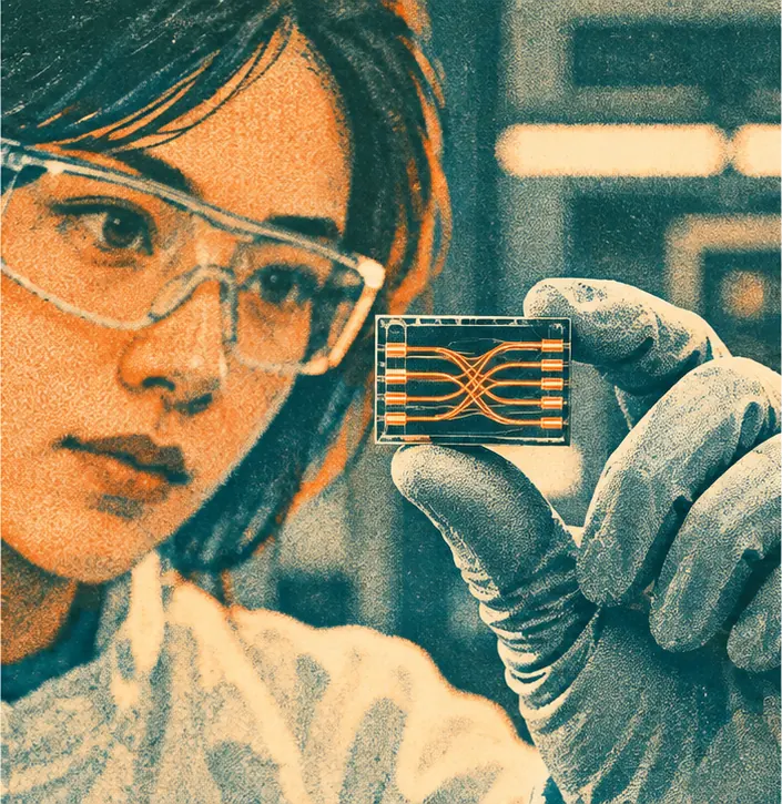 An engineer holds up a small optical switch chip.
