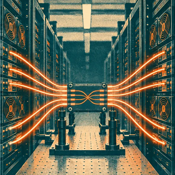 Beams of light routed between rows of GPU racks through the switch, staying as light the whole way.