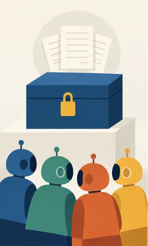 Exam papers sealed inside a locked box that a row of AI models cannot see into.