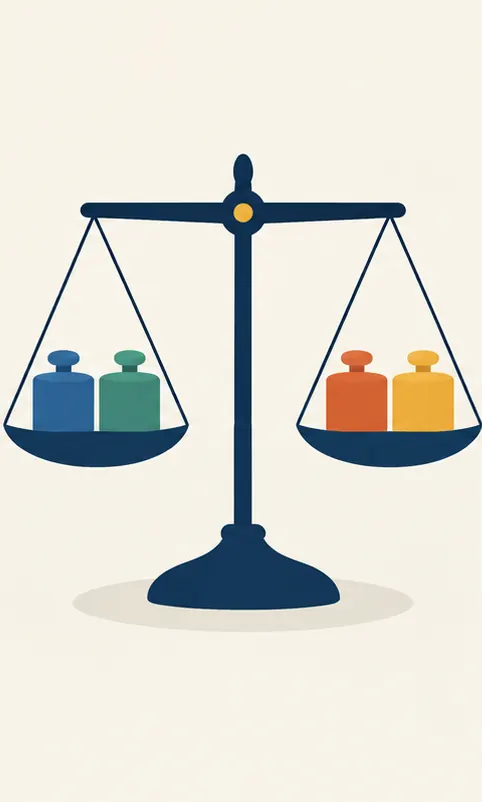 A balance holding four equal weights.