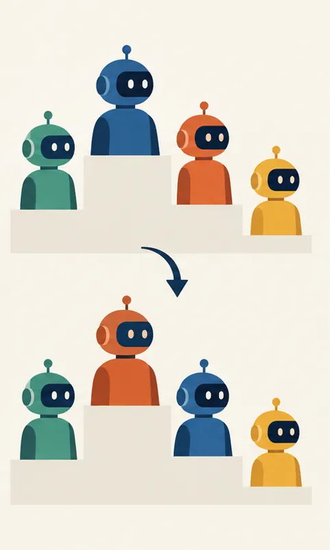 AI models on a podium, the one at the top replaced by another the next day.