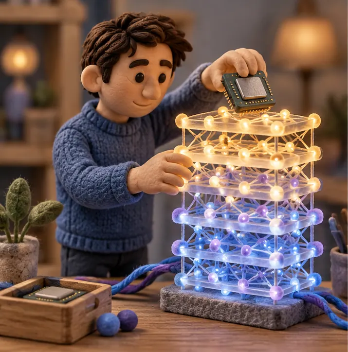 A neural network drawn as stacked glowing layers, with an adult developer in a plain sweater slotting a small processor chip into extra layers added on top.