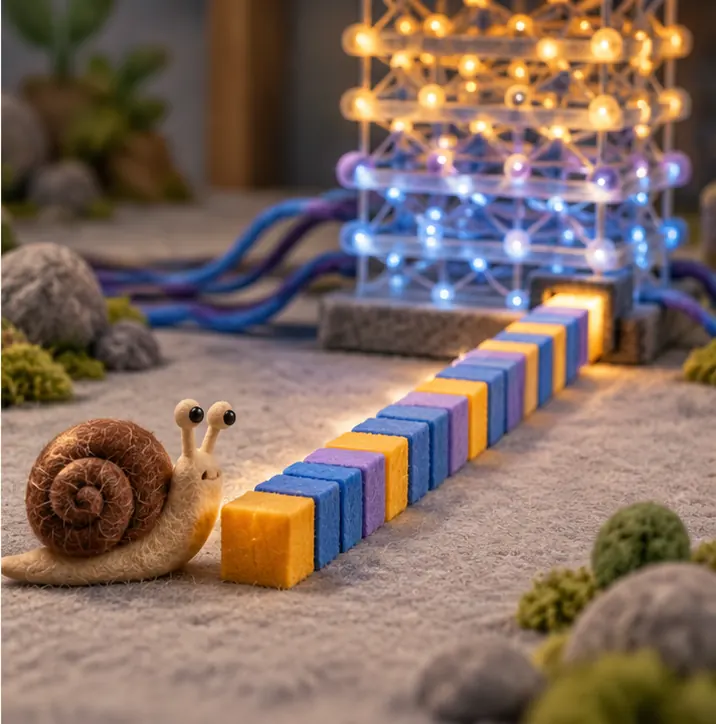 The network solving a long arithmetic problem exactly, shown as a long strip of plain coloured blocks, slowly, while a snail crawls past.