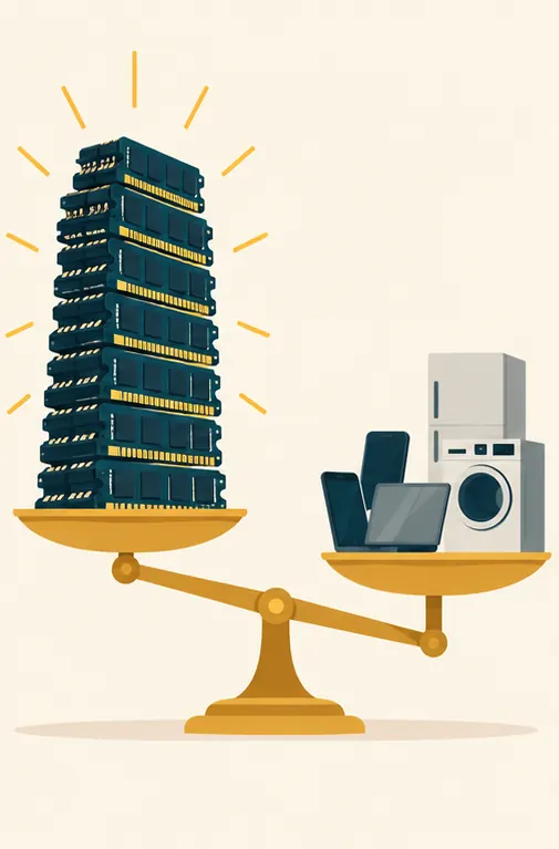 A balance scale with a tall glowing stack of memory chips on one side far outweighing a small pile of phones and home appliances on the other.