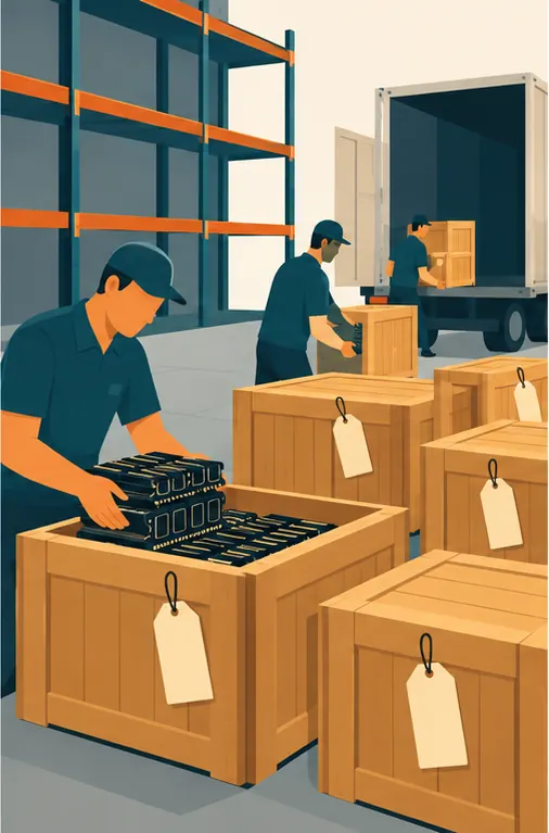 Workers packing stacked high-bandwidth memory modules into plain unmarked wooden crates on a loading dock, every crate already tagged with a blank tag for a waiting customer, the storage shelves behind them empty.