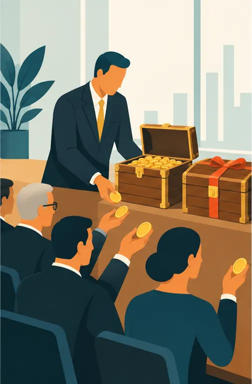In a boardroom, one wooden chest of coins is opened and handed out to a line of shareholders while a second chest beside it stays closed and tied with a ribbon.