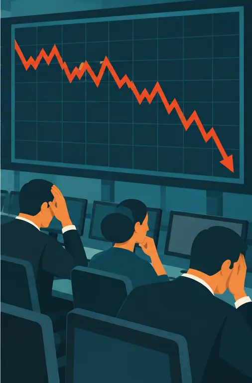 Investors in a trading room watching a share-price line on a large screen tip downward.