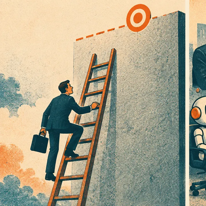 A business figure climbing a ladder that stops short of a target line marked high on a wall.