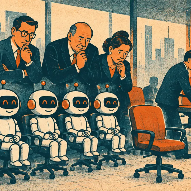 Investors picture small robot agents sitting in rows of office chairs, the human seats being removed.