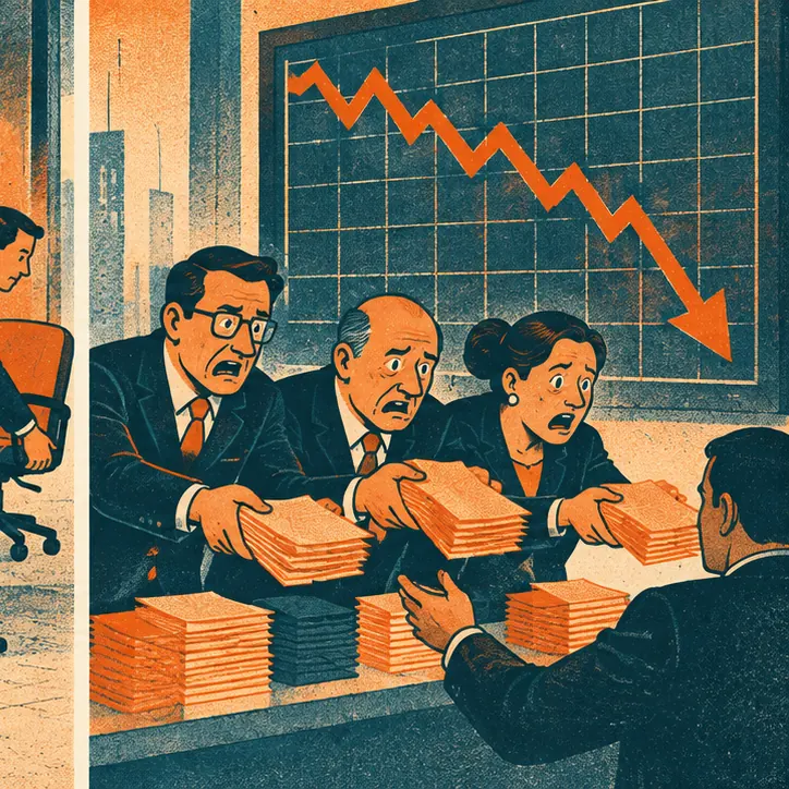 The investors selling as a share-price arrow drops steeply on a screen.