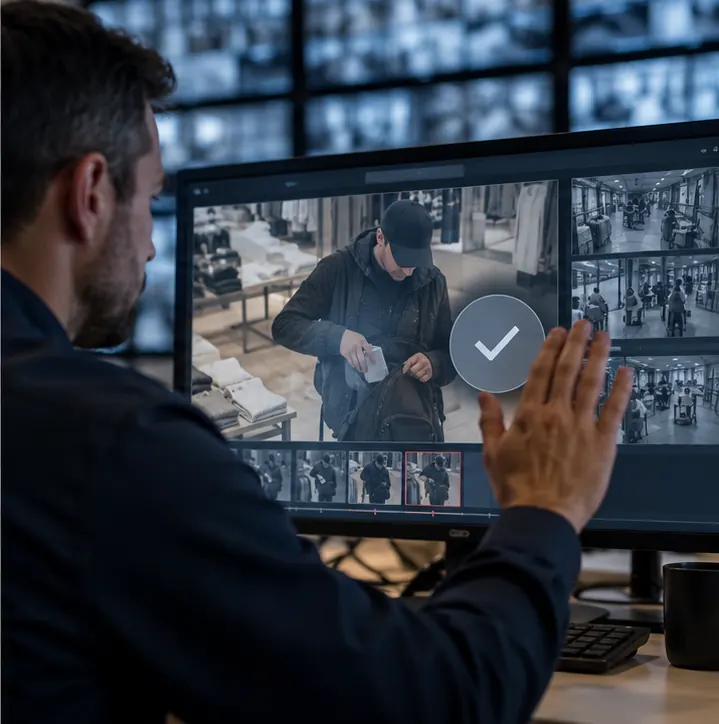 A security operator in a monitoring center dismissing a false alarm on screen.