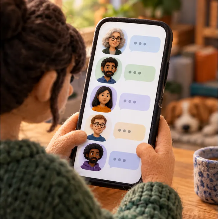 A group chat appears on the phone with AI profile avatars of present-day experts in ordinary modern clothes, each built from that expert's own writing and videos.
