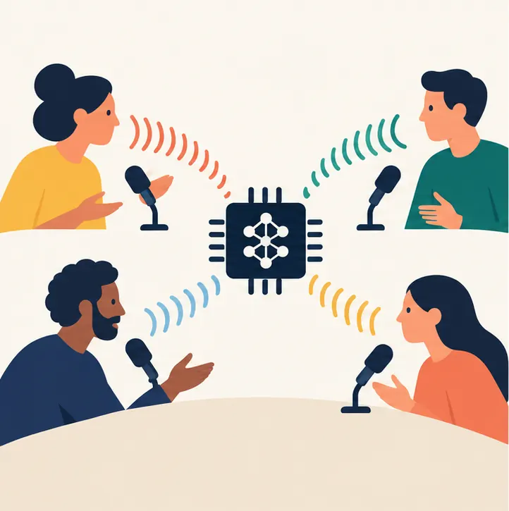 A recorded meeting with several speakers, their voices as sound waves flowing into a single chip.