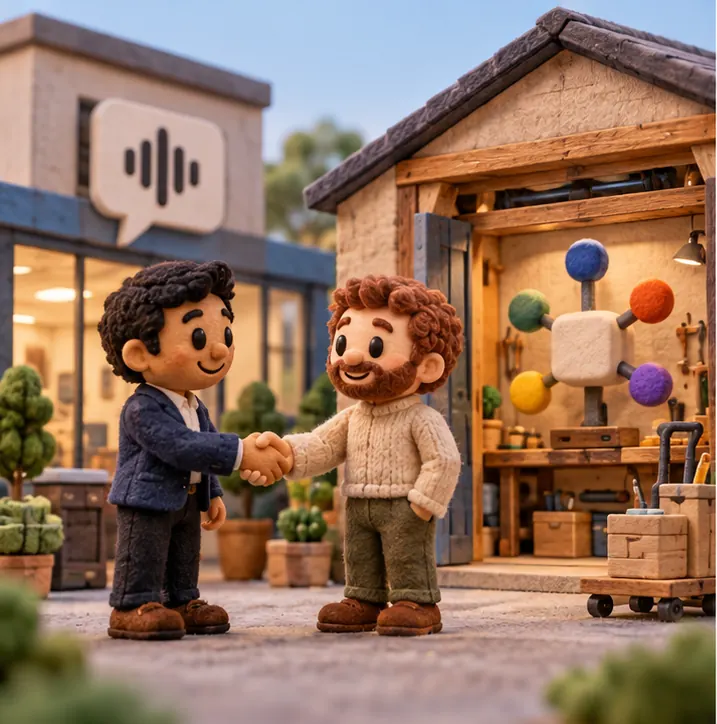 A speech company buys a workshop that builds an open-source voice-agent framework, the two shaking hands.