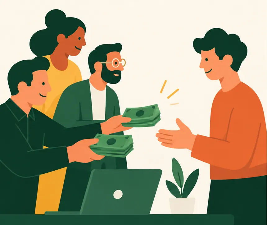 Investors handing money to a startup founder.