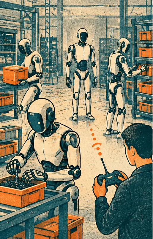 A fleet of humanoid robots: some working on their own, some standing idle, one controlled remotely by a person with a controller.