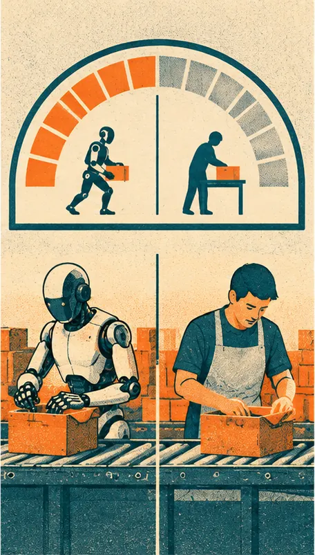 A measuring gauge that counts only the robots working on their own, compared against a human worker on the same task.