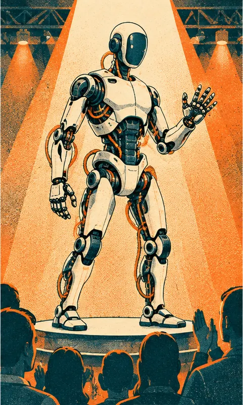A new humanoid with liquid-cooled joints and dexterous hands unveiled on a stage.