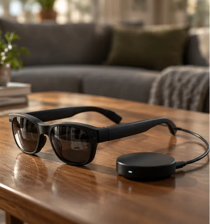 A pair of sunglasses-style smart glasses tethered by a cable to a small puck.