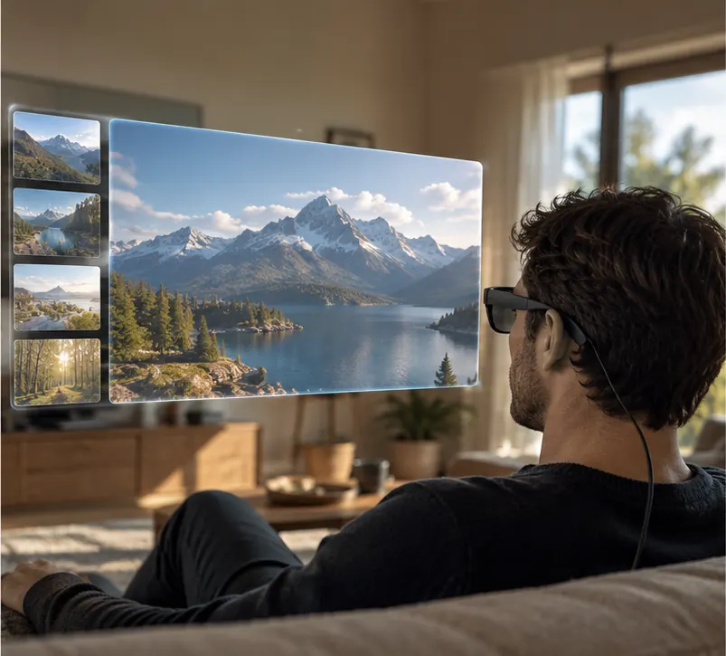 A person wearing the glasses sees a large virtual screen floating in front of them in a living room.