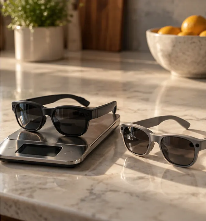 The glasses on a kitchen scale beside a slightly lighter pair of smart glasses.