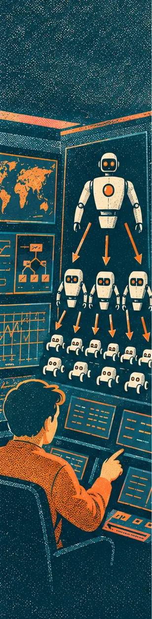 A human operator at a dark console directing one large robot, which directs a few planner robots and many small worker robots