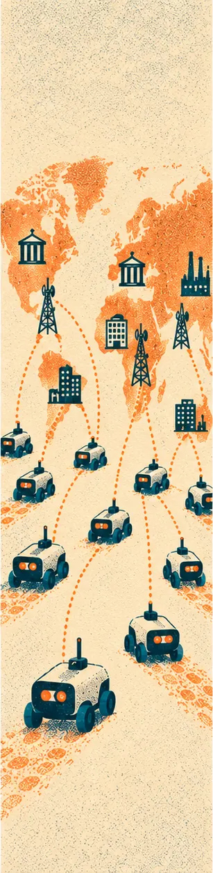Worker robots fanning out across a plain unlabeled world map toward many tiny buildings: government offices, telecom towers, factories