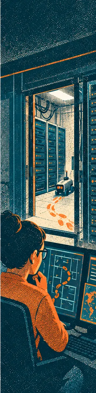 A security analyst at a workstation discovering robot footprints inside a telecom server room