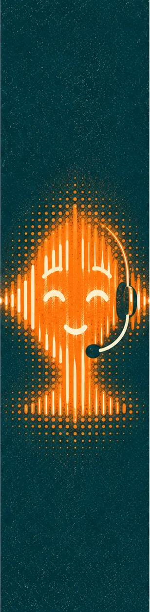 On the other end of the line, a friendly synthetic voice shown as a glowing waveform shaped like a face, listening