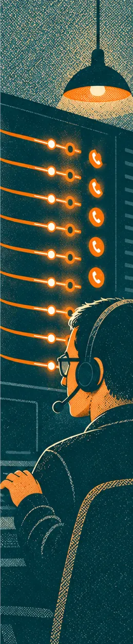 A call-blocking service operator watching many incoming phone lines light up on a panel