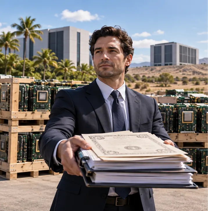 A businessperson holds out a stack of bonds and loan papers, with crates of computer chips behind them and two plain data-center buildings in the distance, one among palm trees and one on a dry plain.