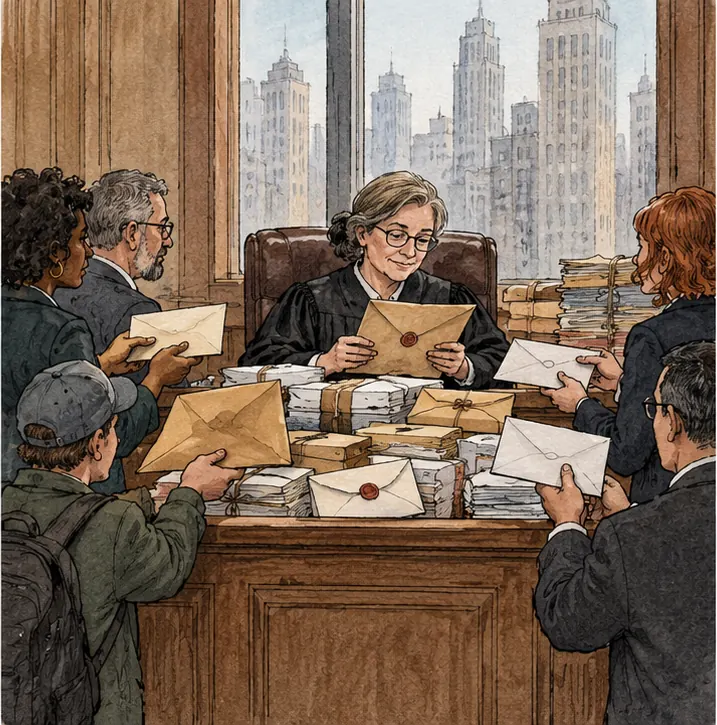 Many envelopes arriving on the judge's desk from different groups of people