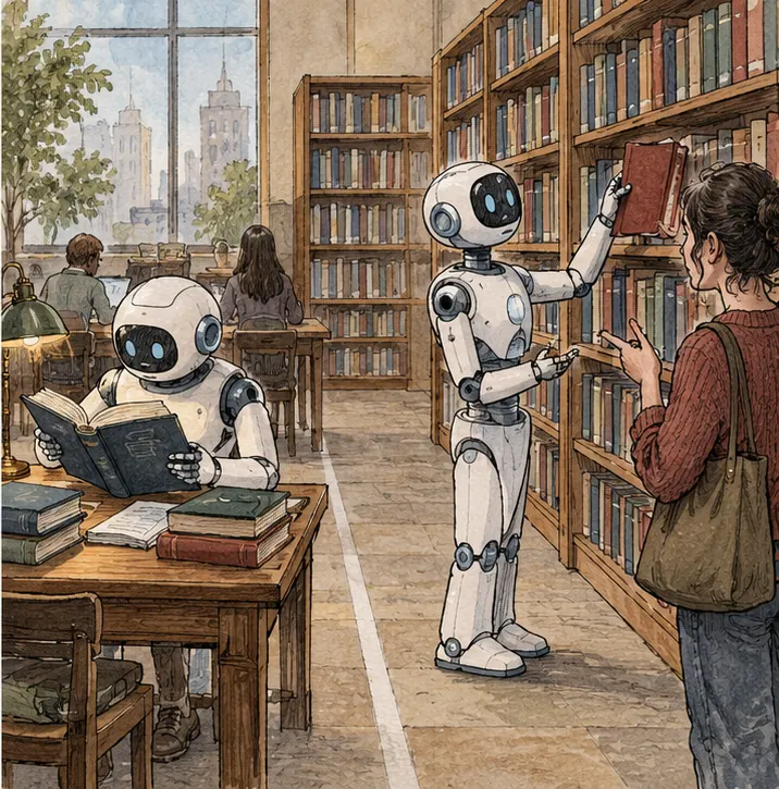 One library scene: on the left a robot reads books at a table to learn, on the right the same robot pulls a book off a shelf for a person asking it a question, a line painted on the floor between the two halves