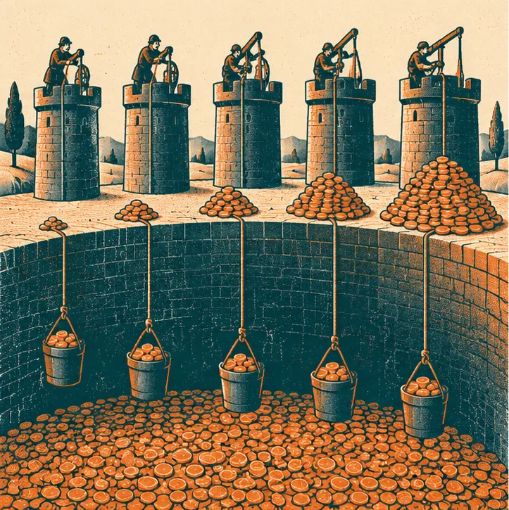 Five tall towers each lower a bucket into a deep well of coins, next to a pile of coins three times the size of a small pile from the year before.