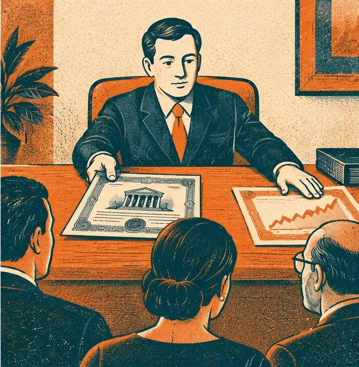 An ordinary-looking banker with a neutral expression, at a desk in front of a plain wall, slides a bond certificate toward a group of clients and pushes a stock certificate aside.