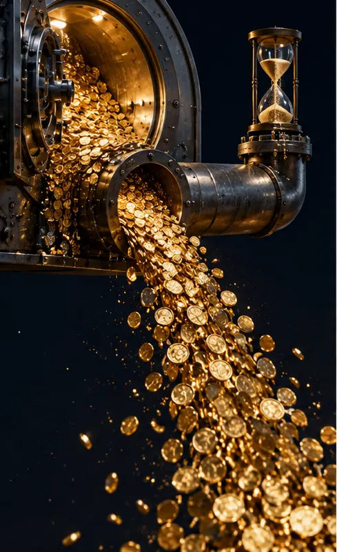 At night, against a plain dark sky with no buildings or skyline, a torrent of gold coins pours out of a large vault through a pipe into the dark, while a small hourglass beside it runs fast.