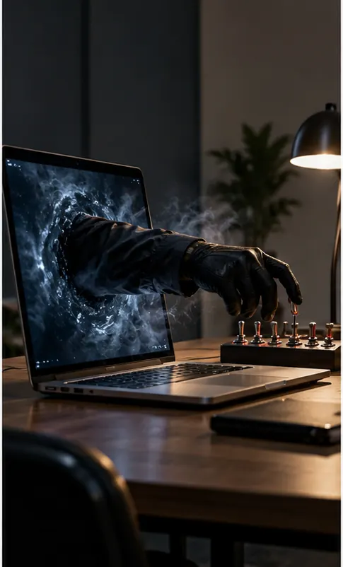 An open laptop sits on an empty office desk, and a shadowy gloved hand reaches out of its screen toward a row of switches.