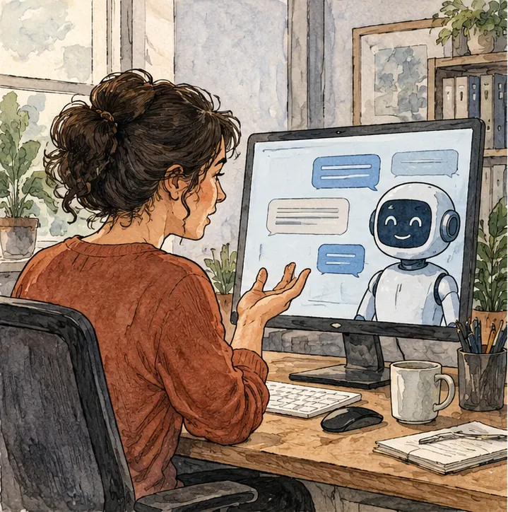 A staff member in an office chatting with an AI assistant on a computer