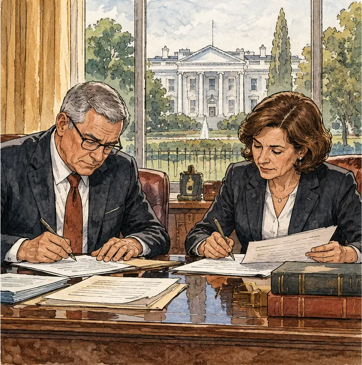 Two lawmakers at a desk writing a letter, the White House visible through the window with no flag