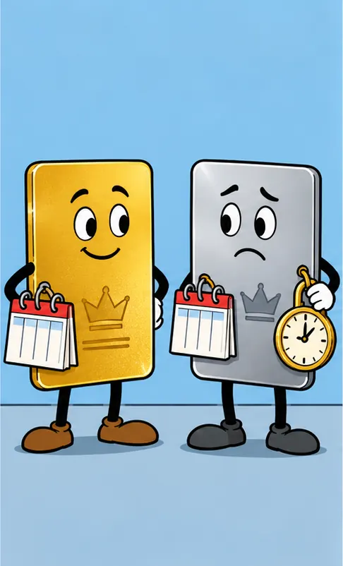 Two membership cards side by side: the gold one wears only a loose weekly calendar ring, while a silver card is still bound by both a calendar ring and a small clock-shaped padlock.