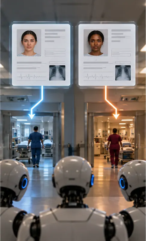 Two identical patient files differing only in the patient's skin tone, sent down two different paths by the robots