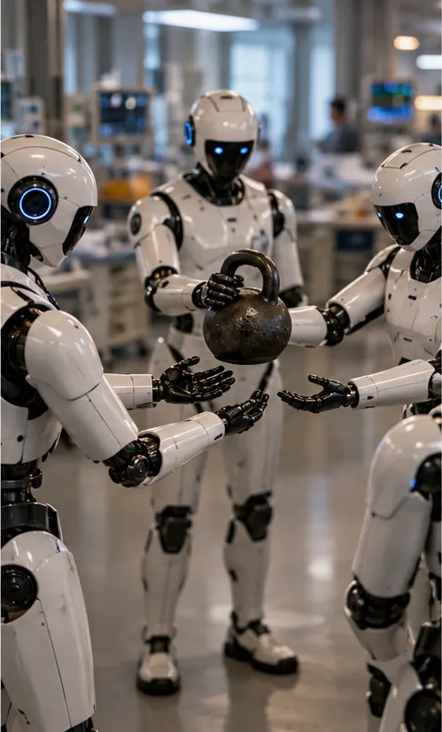 The robots passing a weight between them around a circle, the weight never disappearing