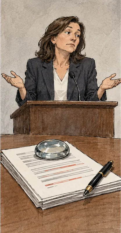 A revised contract lies unsigned under a paperweight with the pen set down beside it, while a spokesperson at a lectern spreads their hands dismissively.