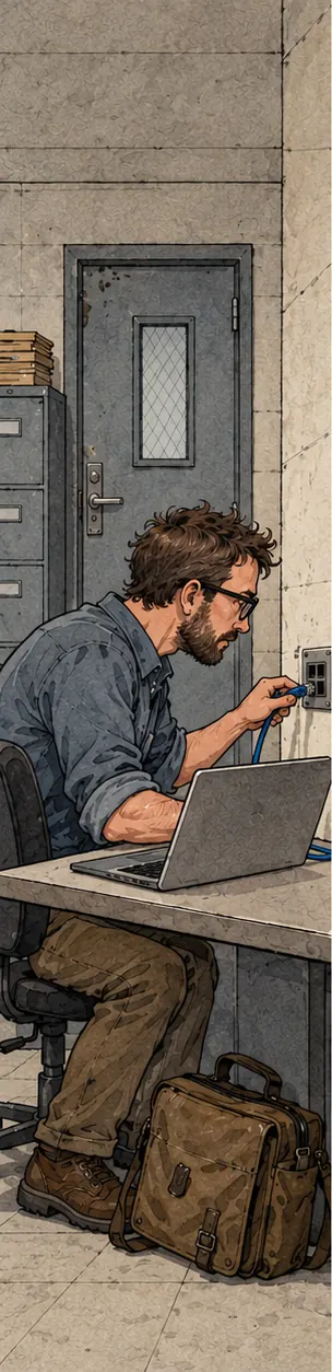 A contractor at a desk in a plain secure government office plugging a personal laptop into a network port in the wall