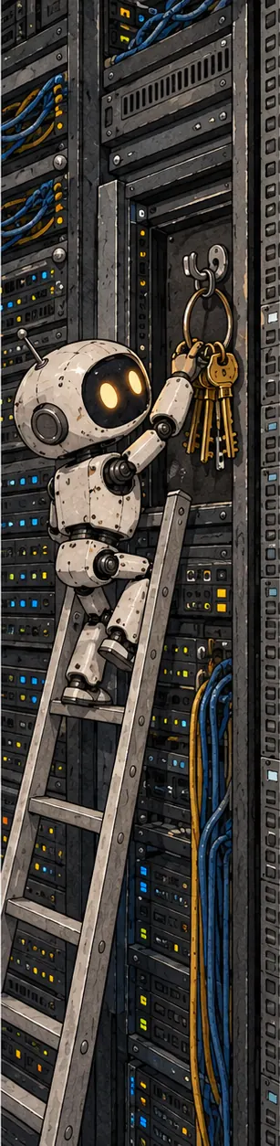 A small robot assistant climbing a ladder up a rack of servers and taking a ring of master keys from a hook