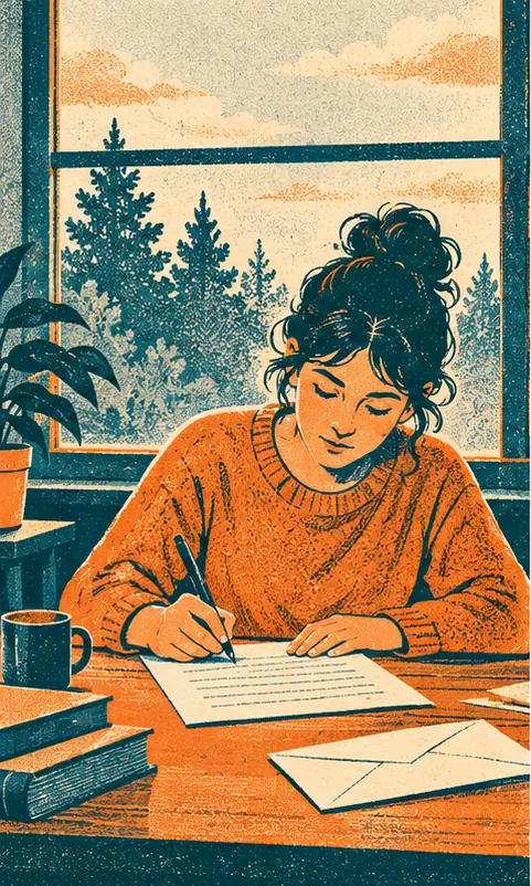 A person at a desk writing a letter, a window onto plain trees and sky behind