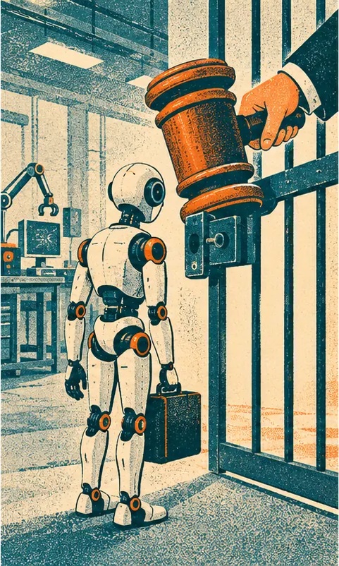 A judge's gavel coming down to hold a gate closed in front of a robot about to leave a lab